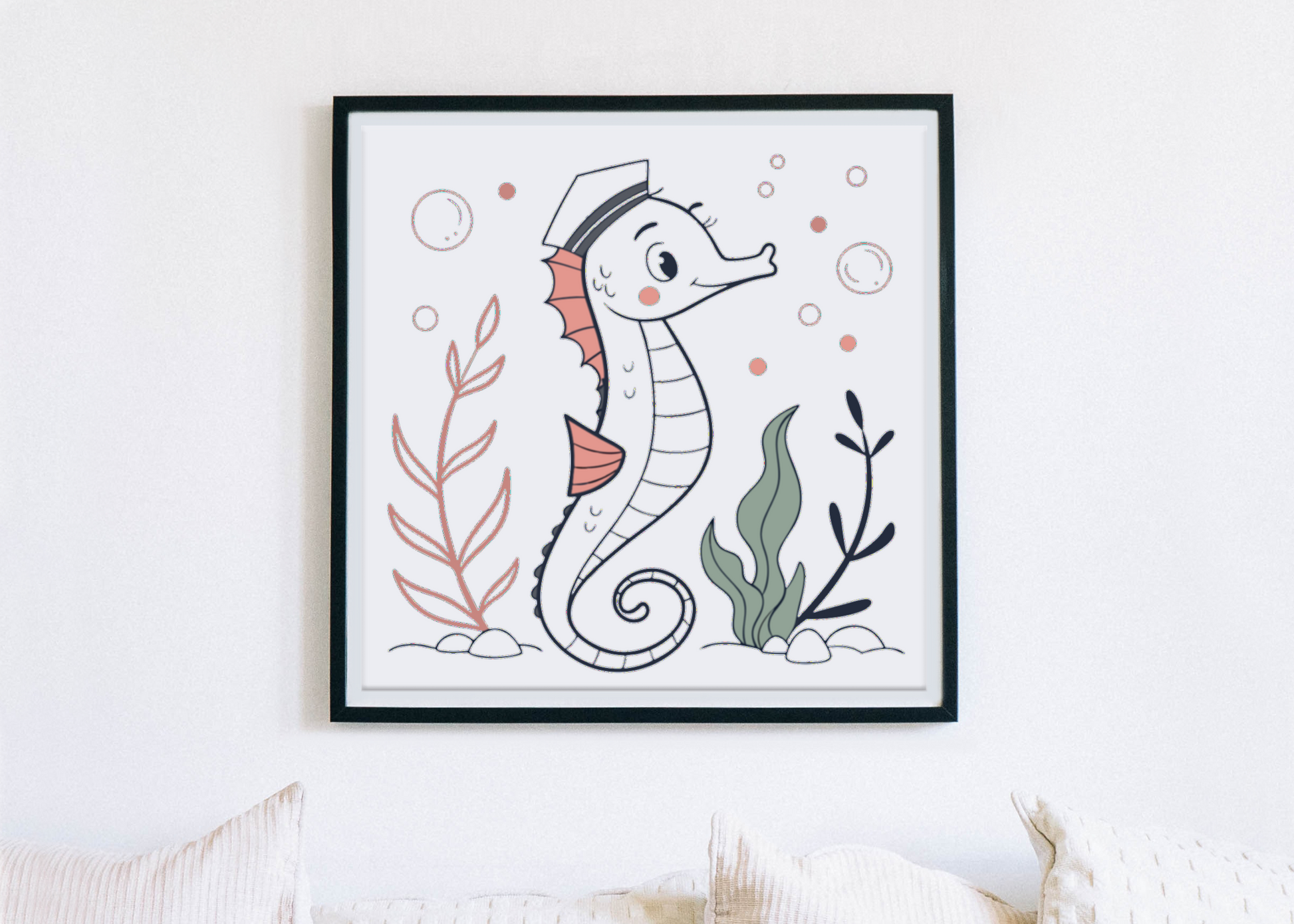 Cadre pastel avec hippocampe style aventure marine élégant et décoratif