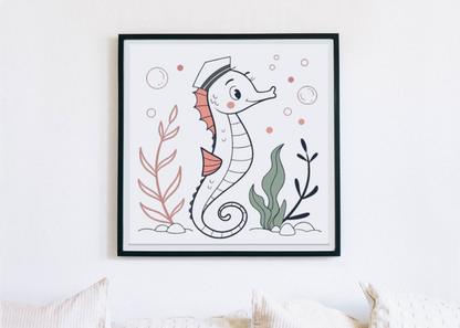Cadre pastel avec hippocampe style aventure marine élégant et décoratif