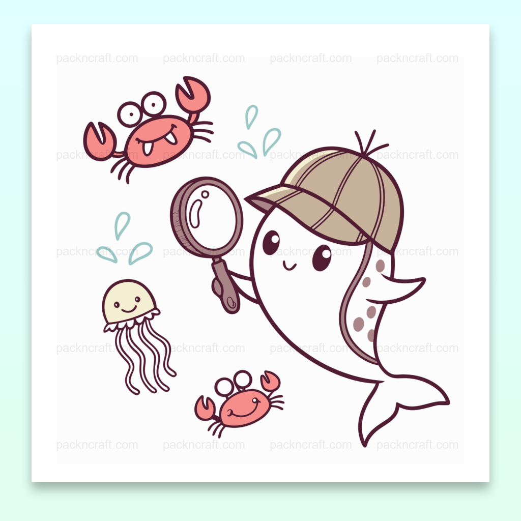 Illustration kawaii de narval détective marin avec crabes et méduse pour projets DIY.