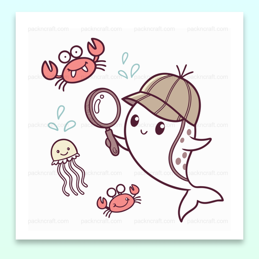 Illustration kawaii de narval détective marin avec crabes et méduse pour projets DIY.