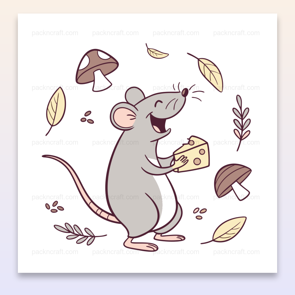 Illustration d'une souris heureuse avec fromage en thème forestier, idéale pour DIY.