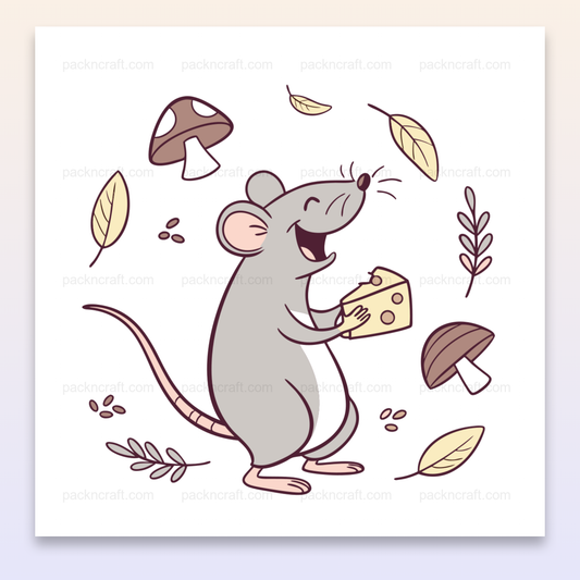 Illustration d'une souris heureuse avec fromage en thème forestier, idéale pour DIY.