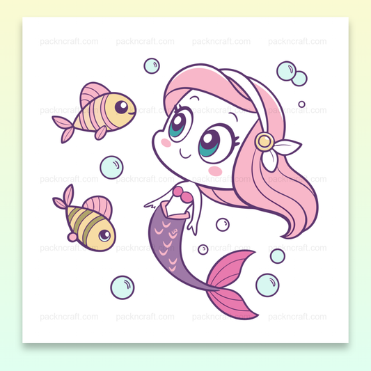 Illustration kawaii d'une petite sirène joyeuse avec des poissons, style pastel, pour usage créatif.
