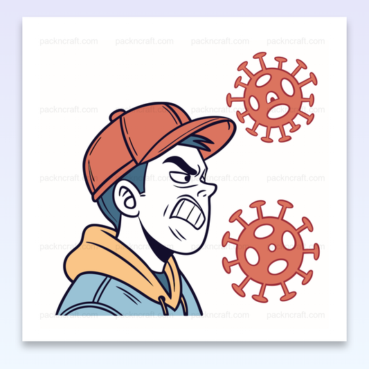 Illustration d'un adolescent en colère face aux virus, utilisable pour l'éducation et le DIY.