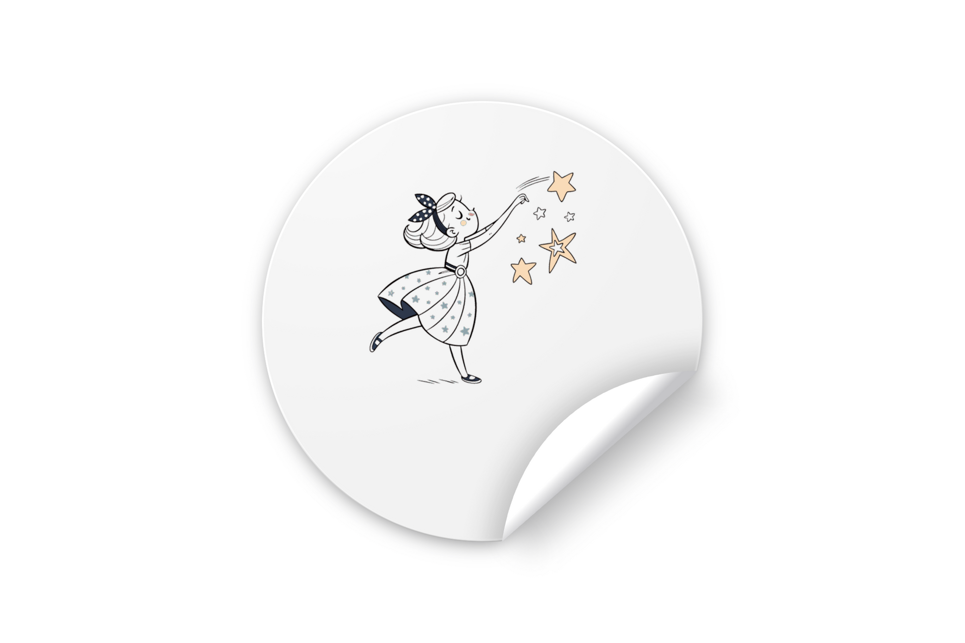 Sticker illustrant une fillette joyeuse attrapant des étoiles dans un style doodle ludique