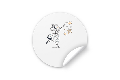 Sticker illustrant une fillette joyeuse attrapant des étoiles dans un style doodle ludique