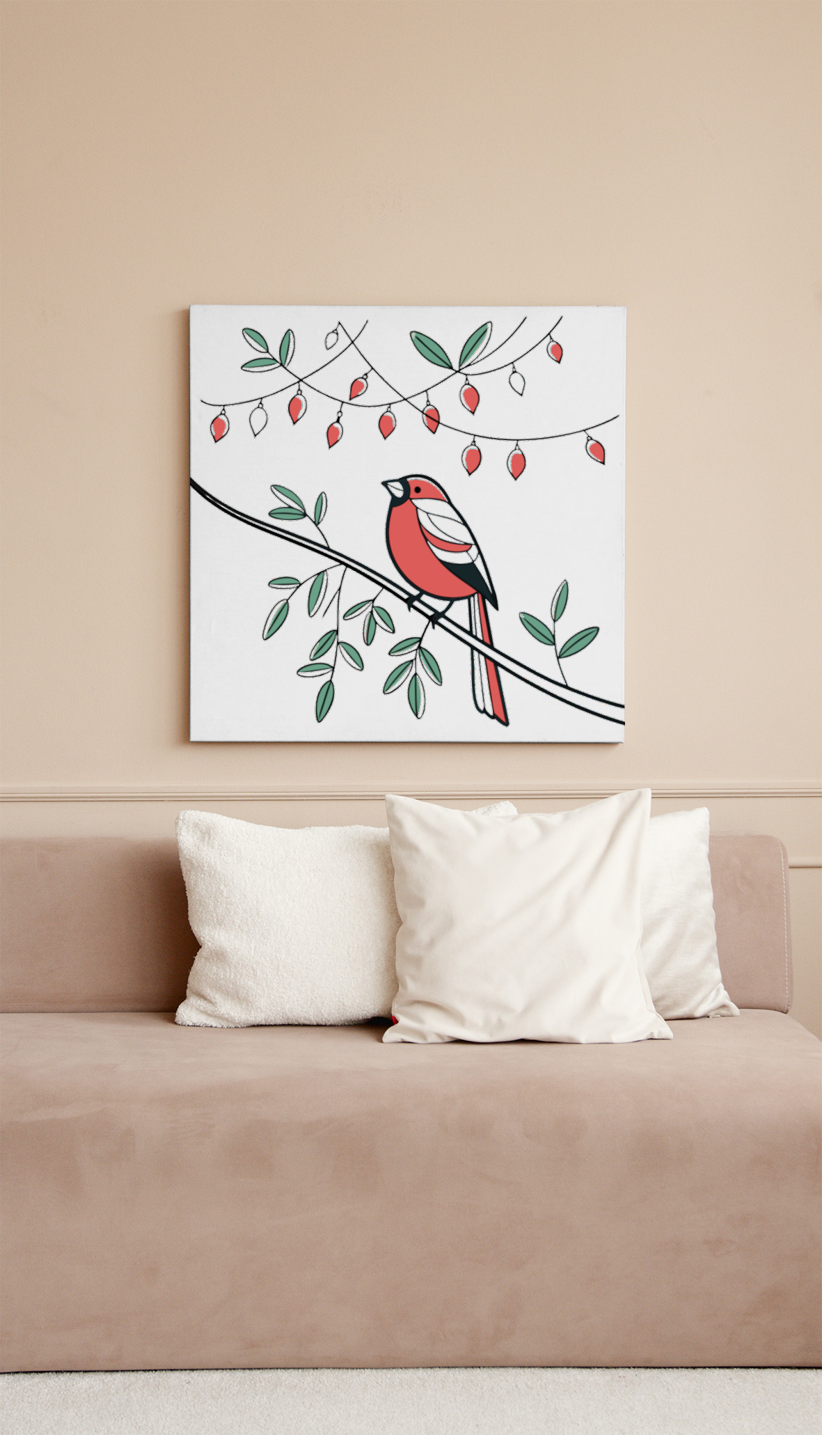 Cadre en bois moderne avec oiseau pastel sur fond nature festive