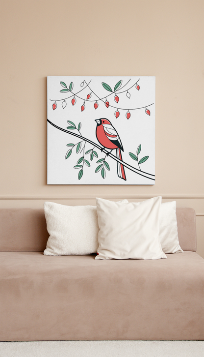 Cadre en bois moderne avec oiseau pastel sur fond nature festive