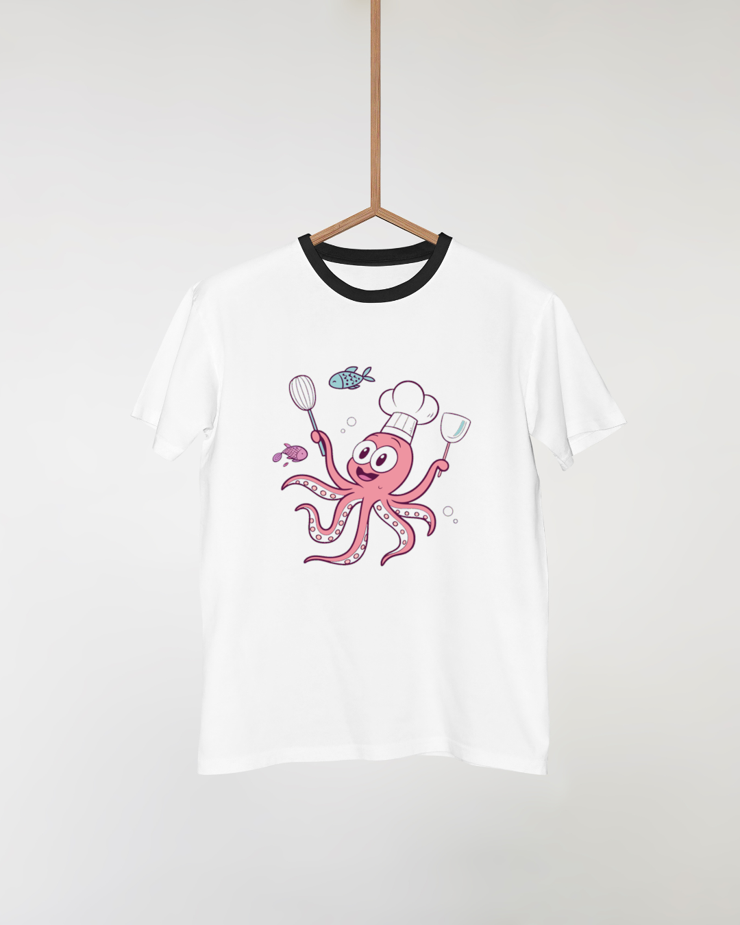 T-shirt fun avec un poulpe cuisinier jovial en motif dessin animé ludique