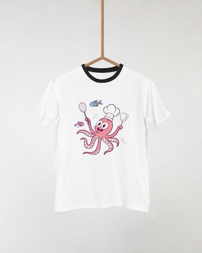 T-shirt fun avec un poulpe cuisinier jovial en motif dessin animé ludique