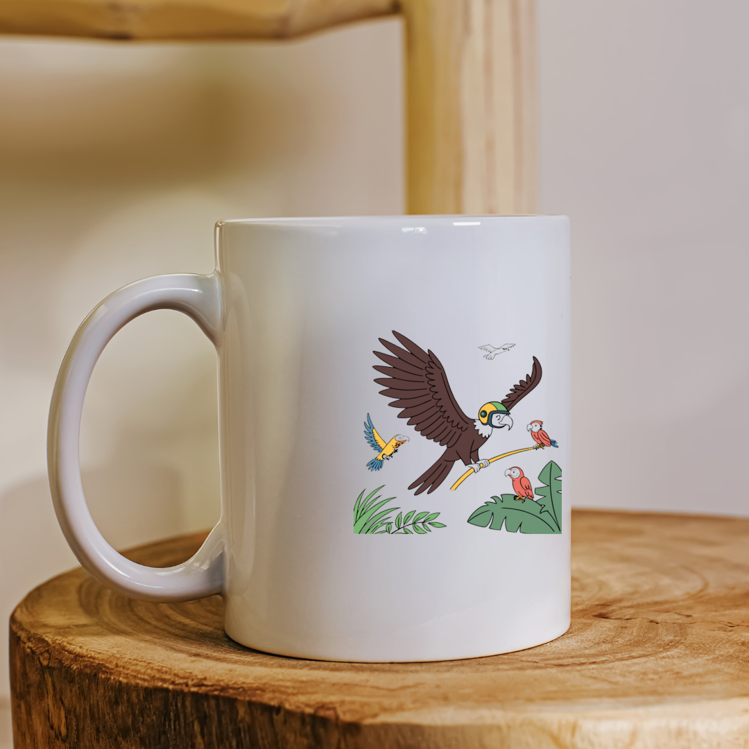 Mug tropical à l'effigie d'un perroquet casqué stylisé en vol, design ludique