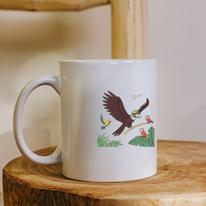 Mug tropical à l'effigie d'un perroquet casqué stylisé en vol, design ludique