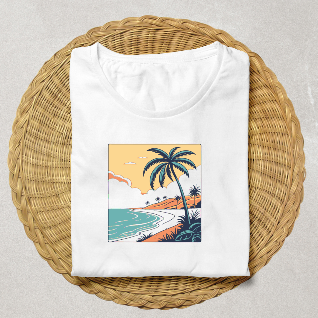 T-shirt imprimé plage rétro évoquant des vacances ensoleillées classiques.