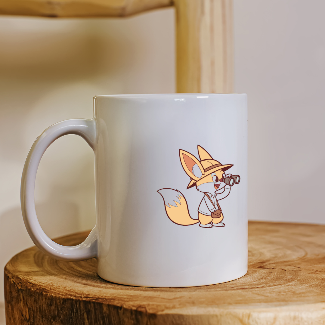 Mug décoré d'un fennec curieux style cartoon explorant lors d'une aventure en safari