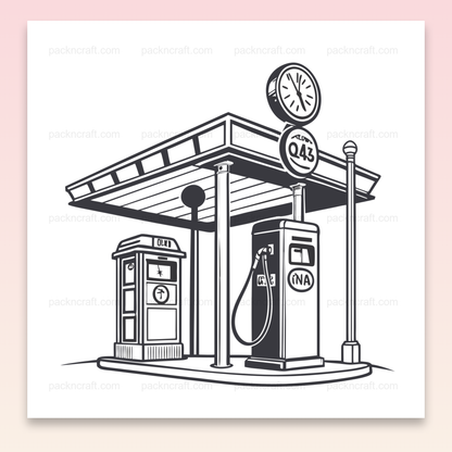 Station essence rétro style vintage, élément parfait pour projets DIY.