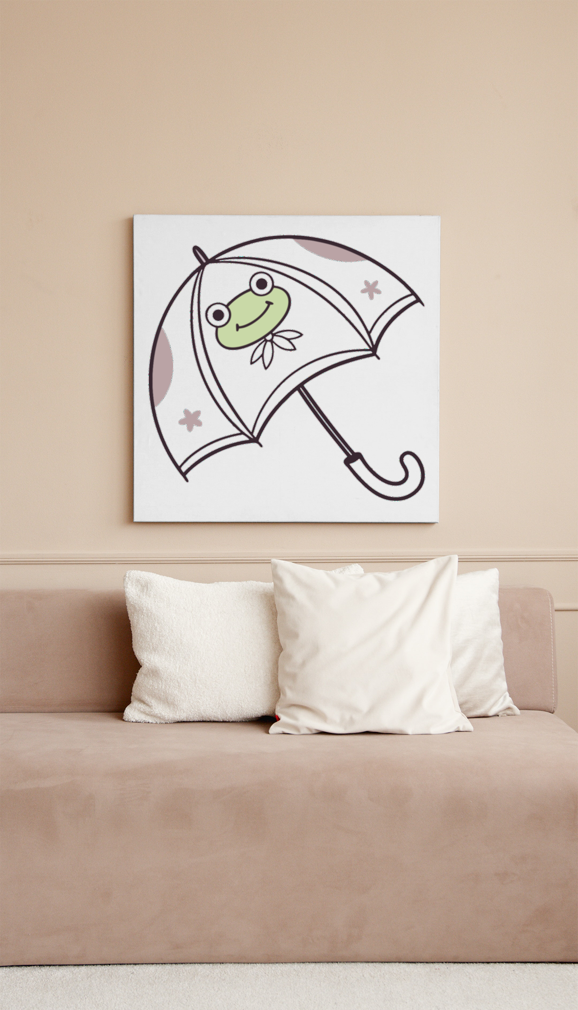 Cadre décoratif pastel avec grenouille joyeuse sous parapluie et gouttes de pluie