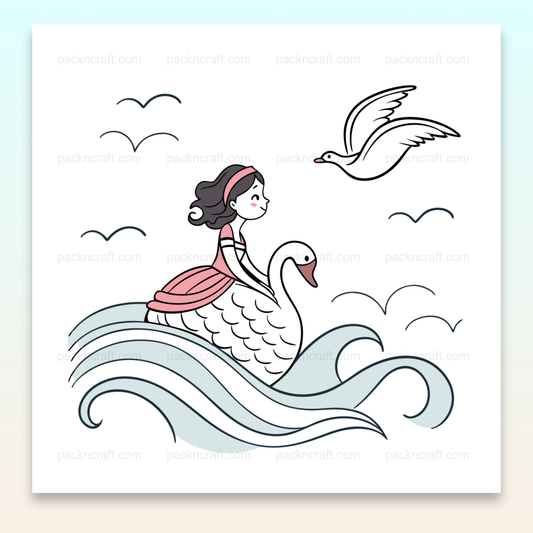 Illustration d'une fille joyeuse sur un cygne, idéale pour projets éducatifs et créatifs