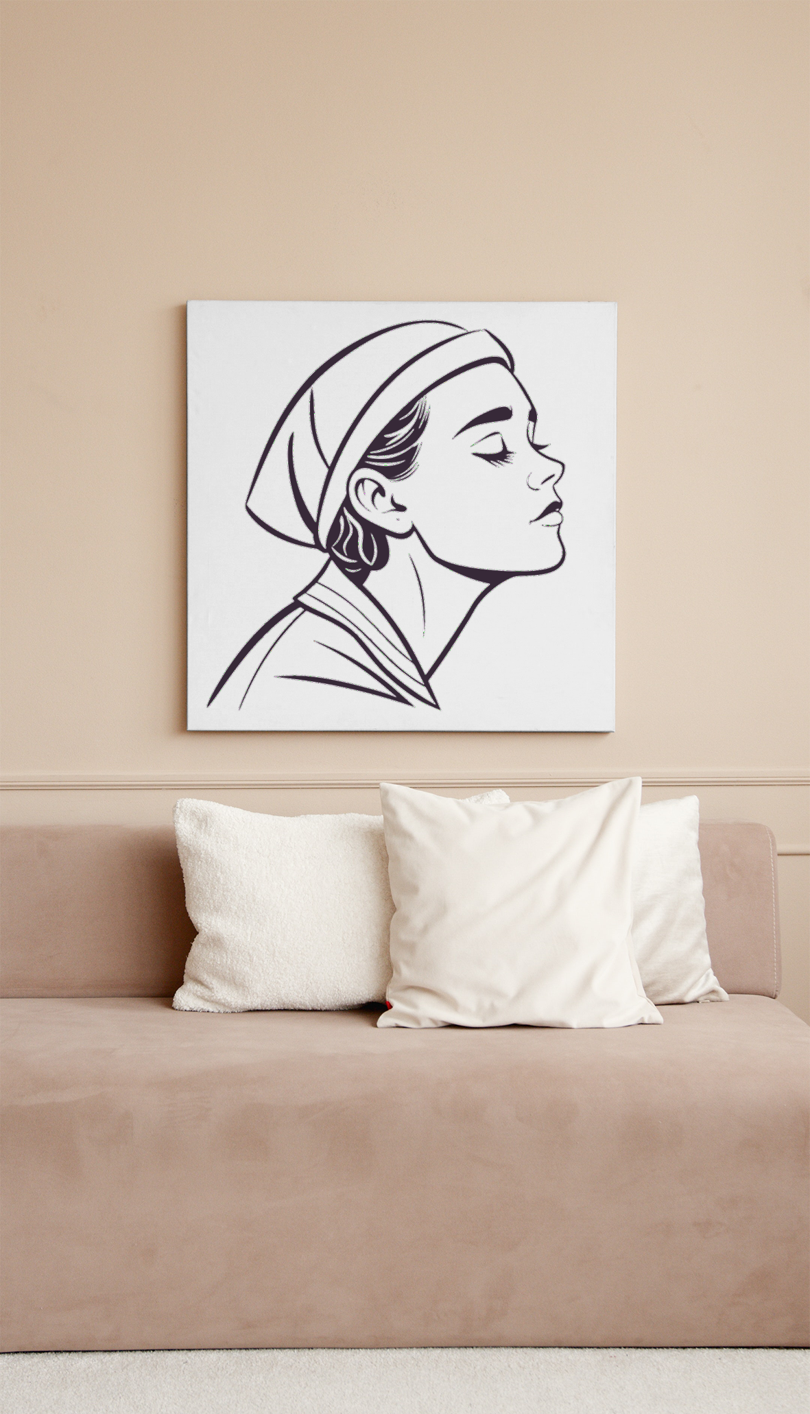 Cadre avec icône décorative représentant une femme sereine dans un style épuré