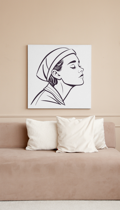 Cadre avec icône décorative représentant une femme sereine dans un style épuré