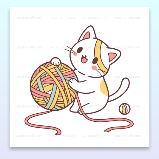 Illustration d'un chat joueur avec une pelote de laine, style kawaii pastel