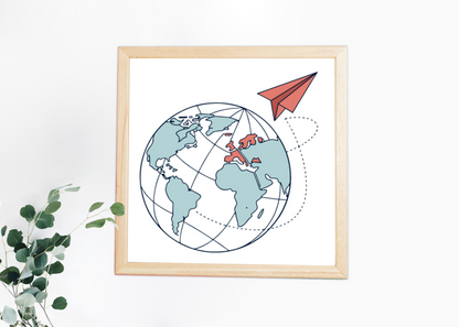 Cadre minimaliste avec globe et avion papier pour une touche inspirante de voyage