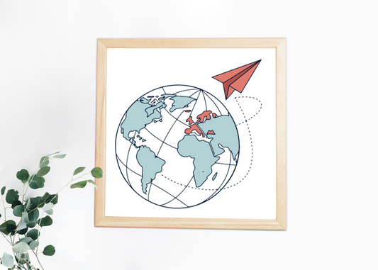 Cadre minimaliste avec globe et avion papier pour une touche inspirante de voyage