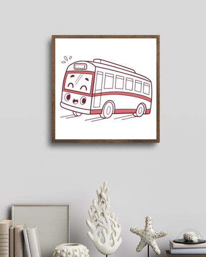 Cadre avec bus joyeux cartoon pour une aventure urbaine amusante et déco moderne