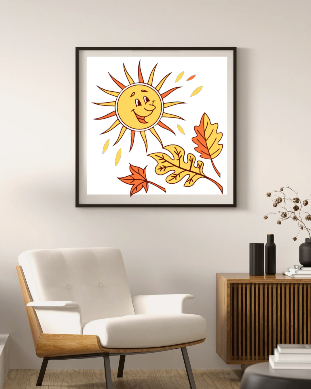 Cadre élégant avec soleil souriant et feuilles dorées dans un style automnal chaleureux
