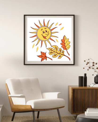 Cadre élégant avec soleil souriant et feuilles dorées dans un style automnal chaleureux