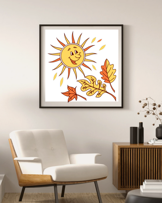 Cadre élégant avec soleil souriant et feuilles dorées dans un style automnal chaleureux