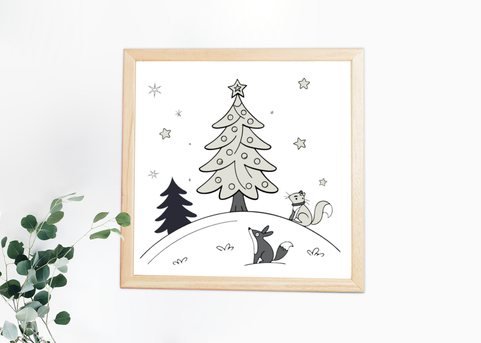 Cadre avec motif monochrome d'écureuil et sapin, ambiance forêt enneigée