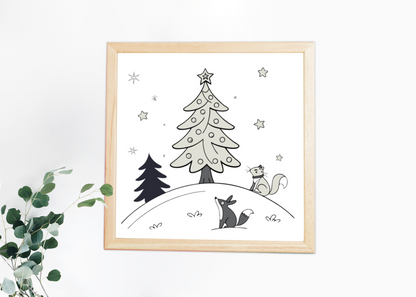Cadre avec motif monochrome d'écureuil et sapin, ambiance forêt enneigée