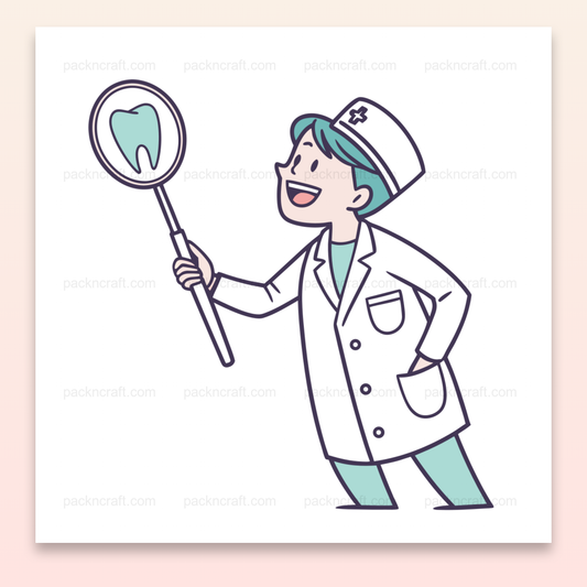 Dentiste souriant avec modèle de dent, idéal pour projets éducatifs et stickers., Dentiste joyeux avec dent en miroir pour mugs personnalisés et papeterie., Souriant dentiste avec modèle pour personnalisation de vêtements., Modèle de dent avec dentiste, parfait pour cadres et décoration intérieure., Dentiste heureux avec modèle de dent, conception pour stickers éducatifs.