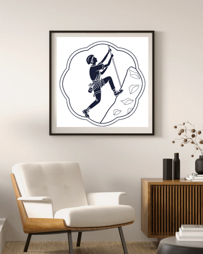 Cadre décoratif avec illustration dynamique d'un escaladeur en pleine action