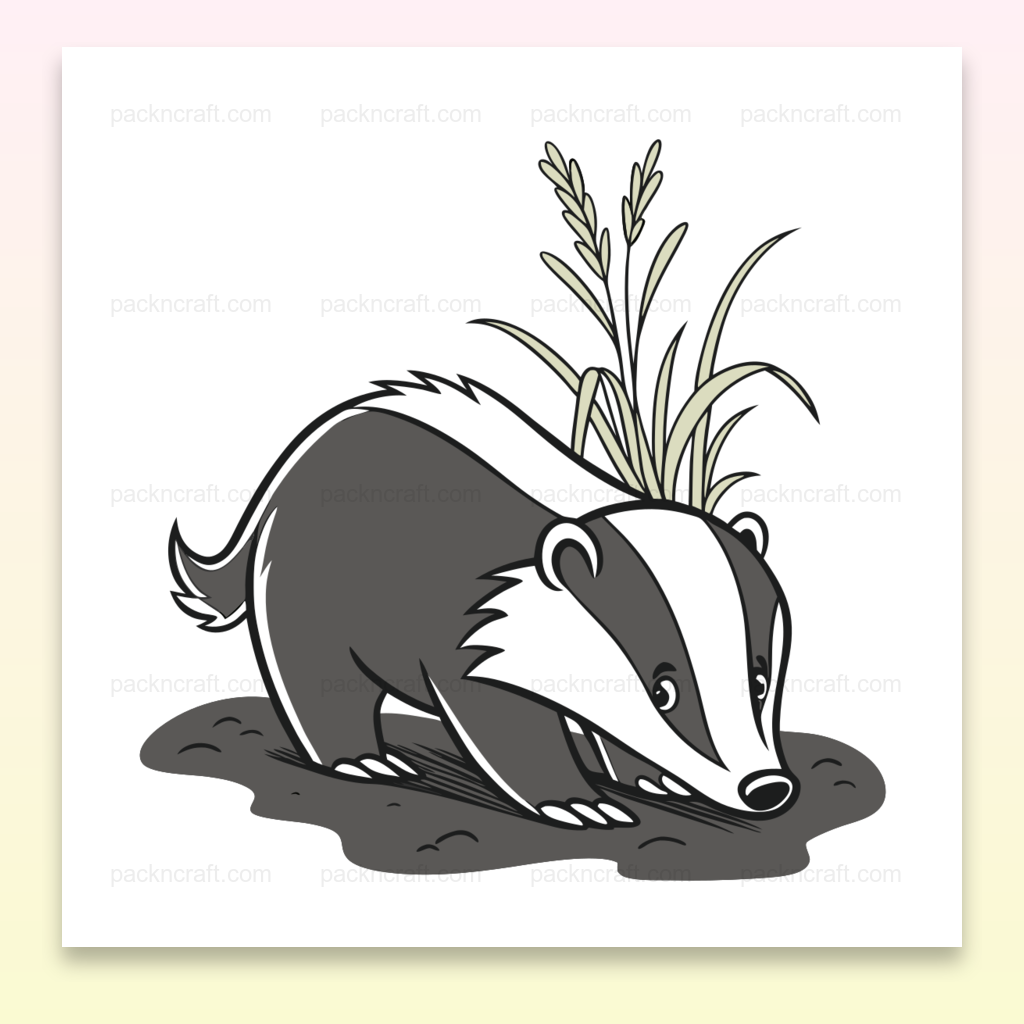 Illustration stylisée de blaireau curieux en style cartoon, idéale pour projets DIY ou décoratifs.
