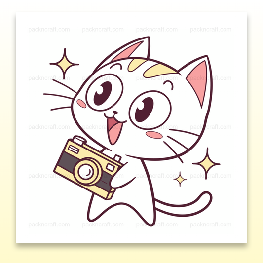 Illustration d'un chat photographe heureux, SVG kawaii pour usage décoratif.