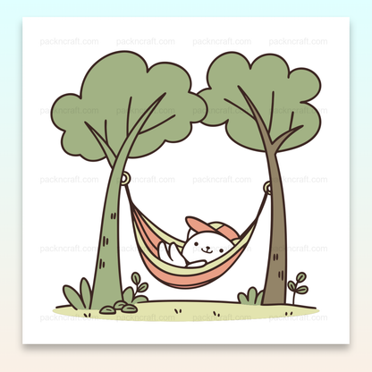 Illustration de chat relaxant dans un hamac, idéale pour déco et DIY