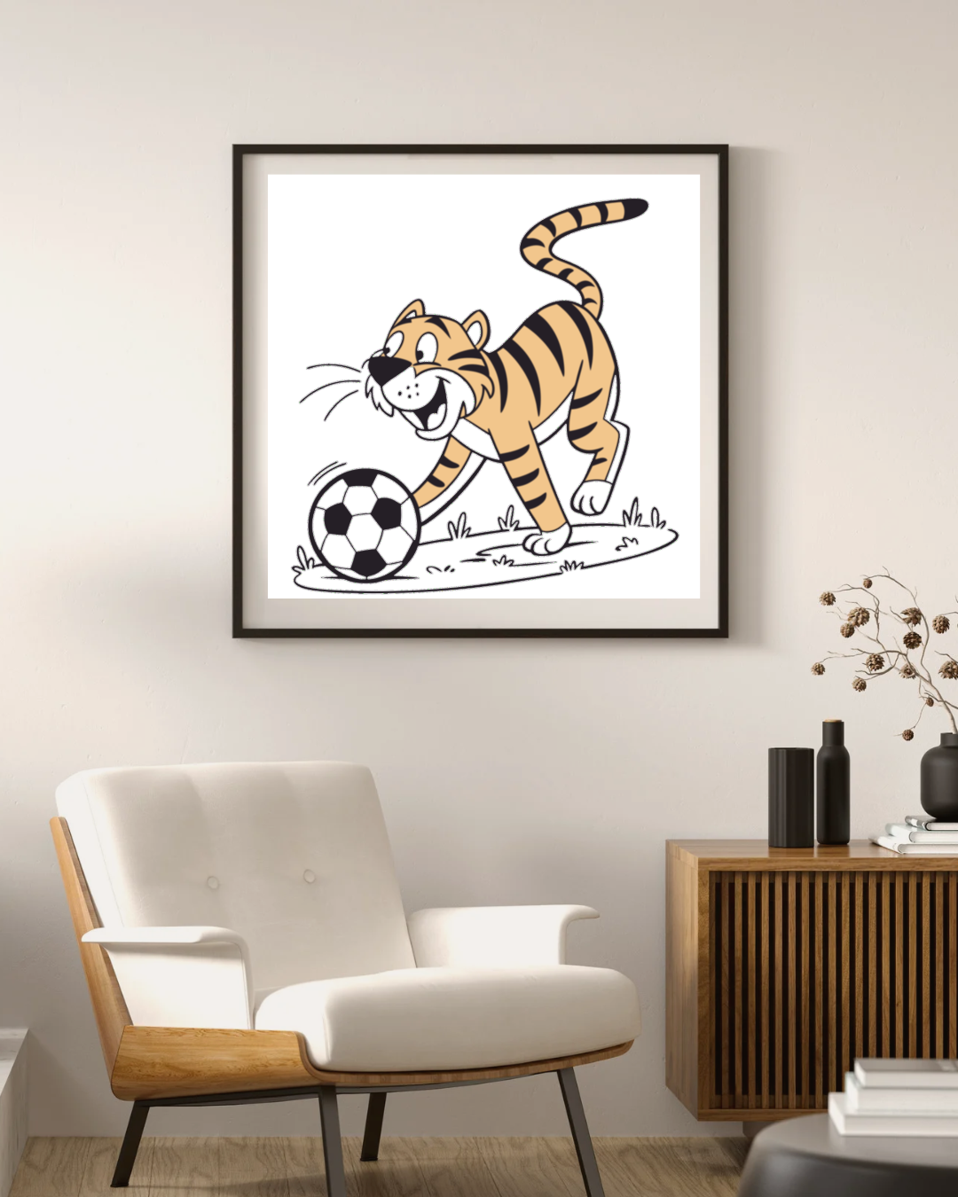 Cadre sportif avec tigre joueur et ballon dans un style énergique et audacieux