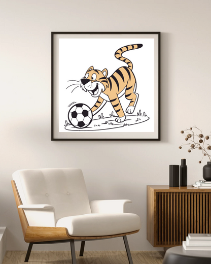 Cadre sportif avec tigre joueur et ballon dans un style énergique et audacieux