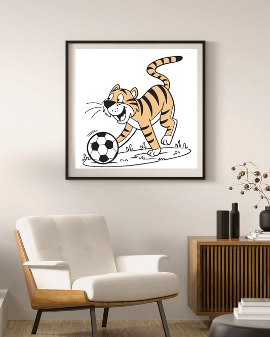 Cadre sportif avec tigre joueur et ballon dans un style énergique et audacieux