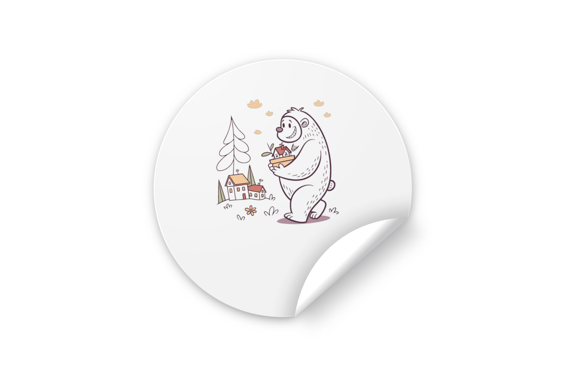 Sticker avec dessin doodle d'un ours tenant des maisons dans un cadre forestier