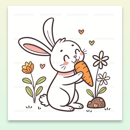 Illustration d'un lapin joyeux avec une carotte dans un style kawaii pour projets créatifs.
