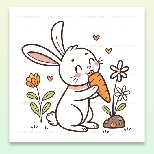 Illustration d'un lapin joyeux avec une carotte dans un style kawaii pour projets créatifs.