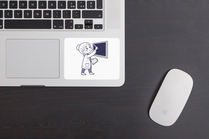 Sticker éducatif monochrome représentant une enseignante réfléchie en pose sereine