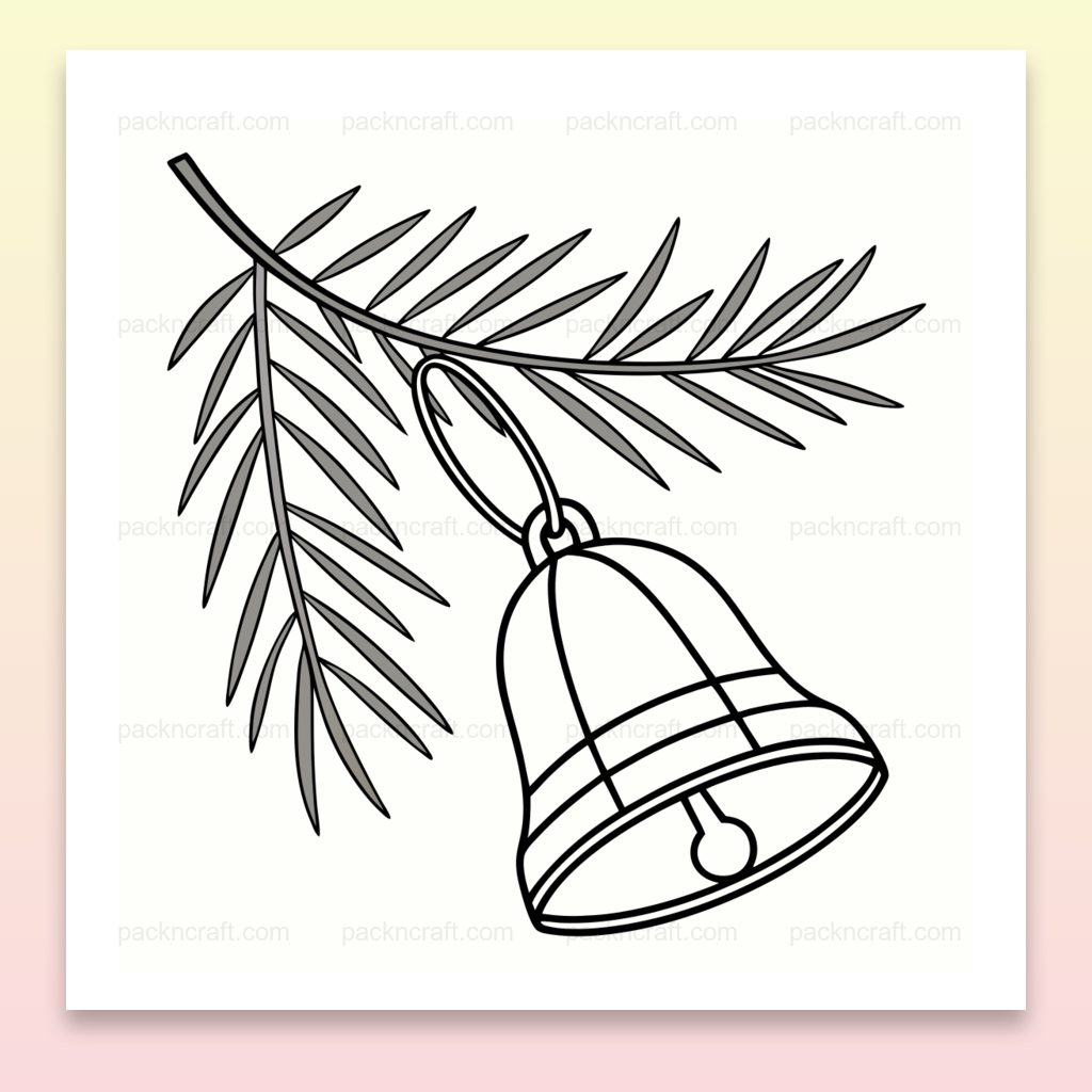 Cloche festive en suspens sur une branche de sapin, illustration SVG pour décorer vos projets DIY de Noël.