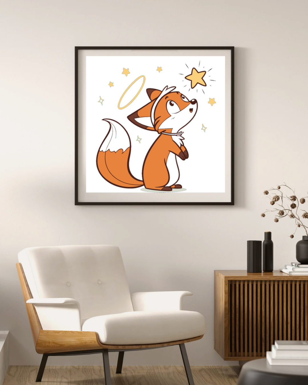 Cadre avec renard émerveillé au style pastel enchanteur observant une étoile