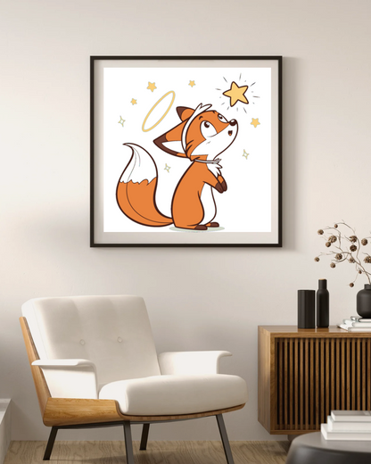 Cadre avec renard émerveillé au style pastel enchanteur observant une étoile