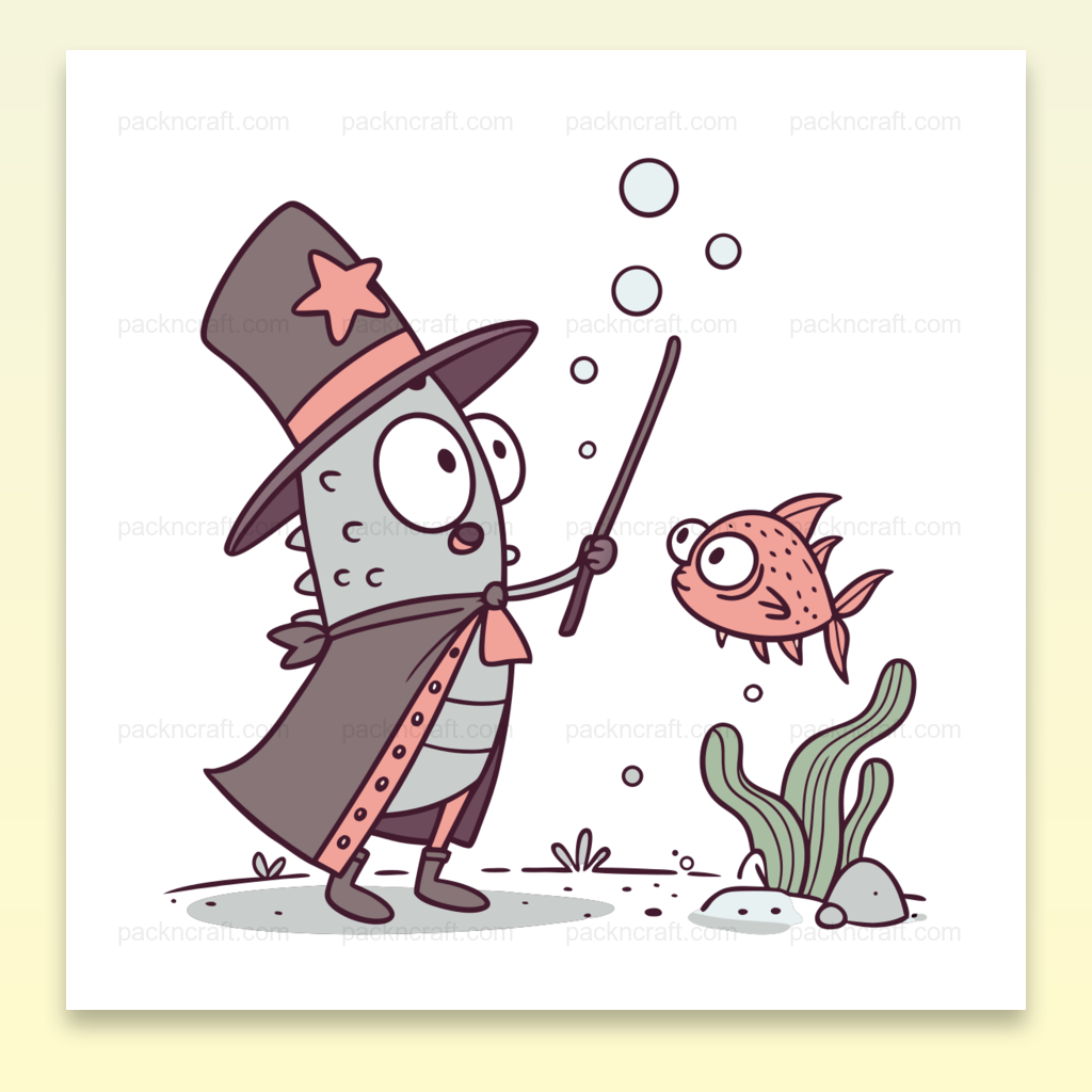 Poisson en tenue de magicien avec un bâton sous l'eau, style doodle