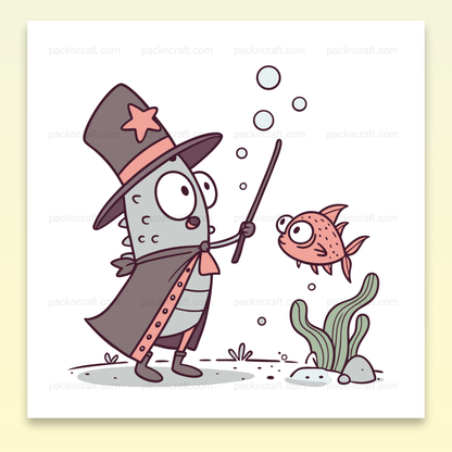 Poisson en tenue de magicien avec un bâton sous l'eau, style doodle