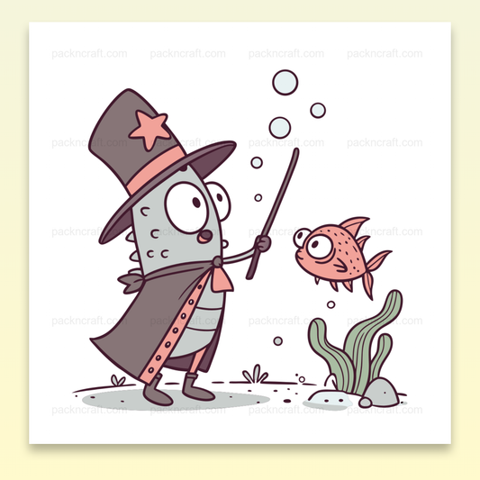 Poisson en tenue de magicien avec un bâton sous l'eau, style doodle